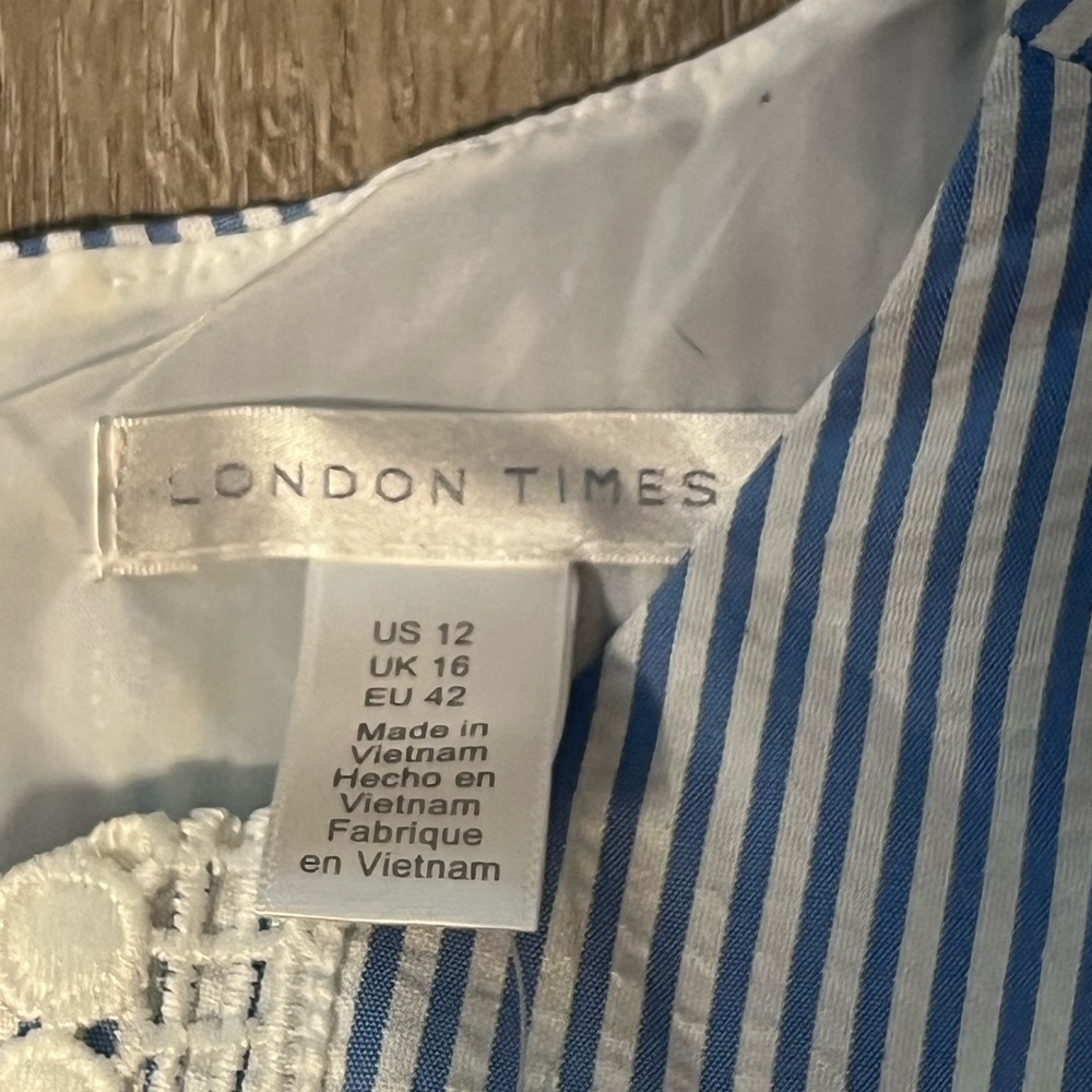 London Times Blue and White Striped Dress with Lace Accent - Picture 5 of 8
